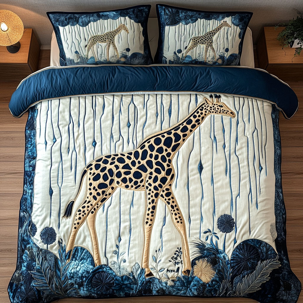 Elegant Blue Giraffe 3-Piece Quilted Bedding Set - Single (59" x 70")