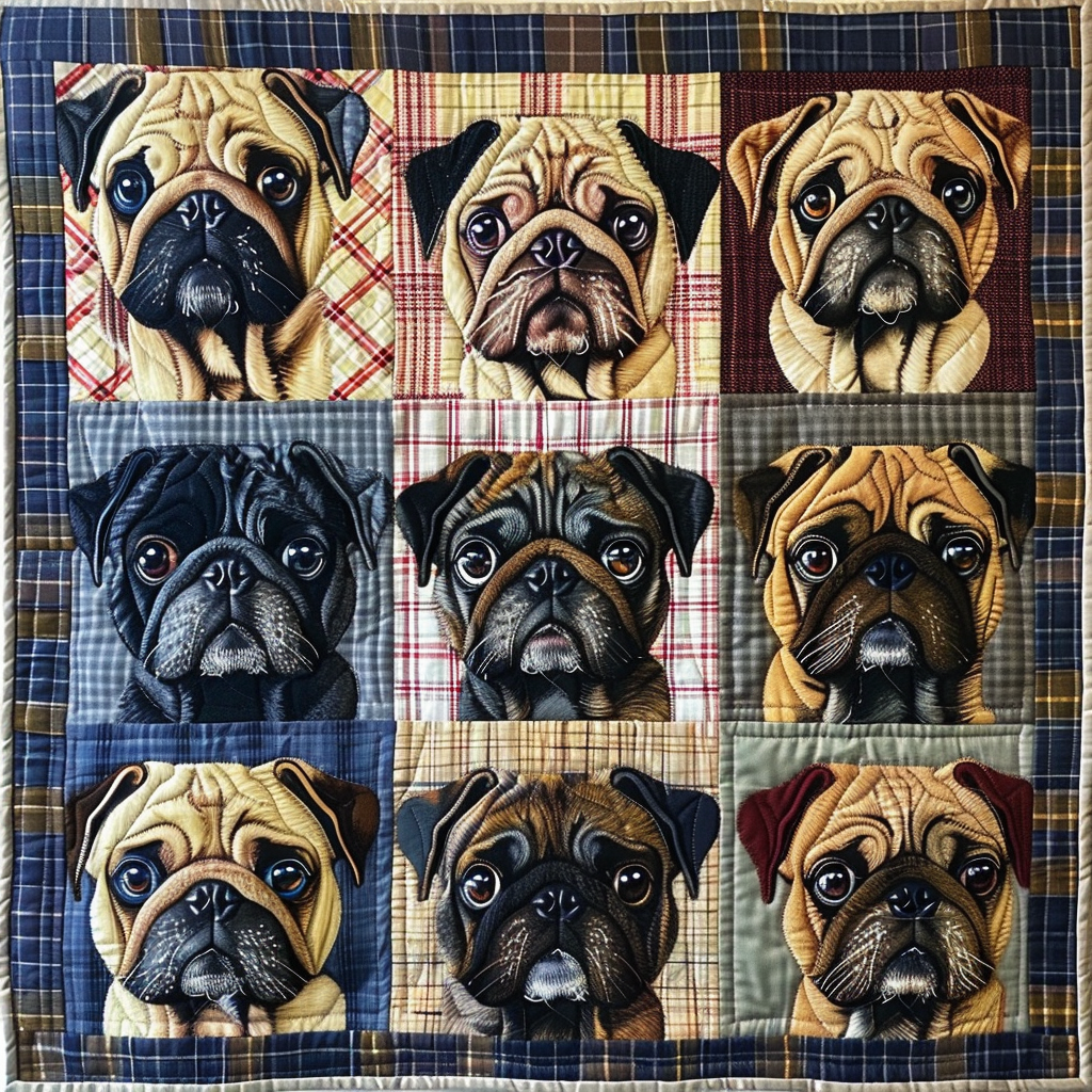 Elegant Pug Portraits Quilted Blanket - Throw (55" x 60")