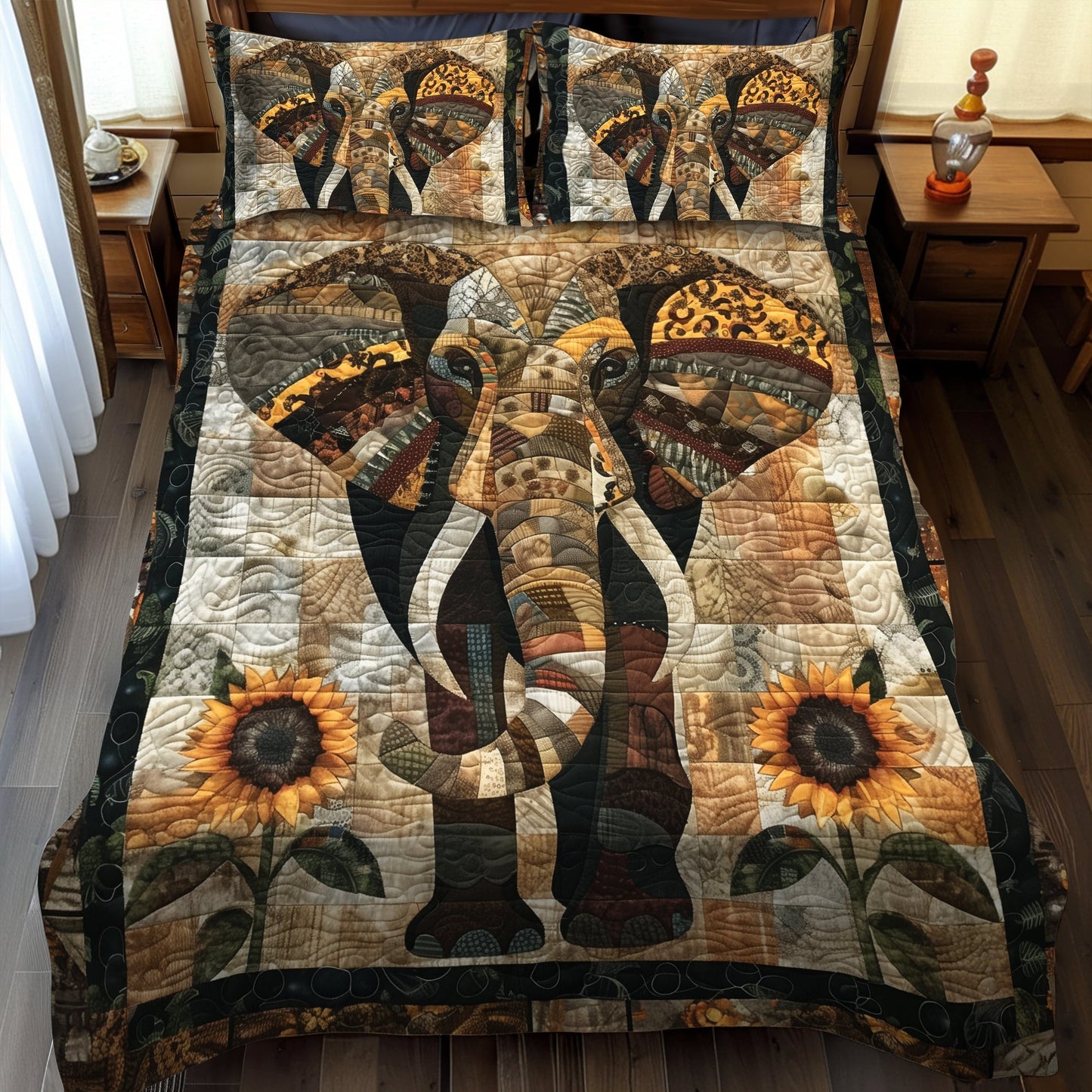 Elephant Oasis 3-Piece Quilted Bedding Set - Single (59" x 70")