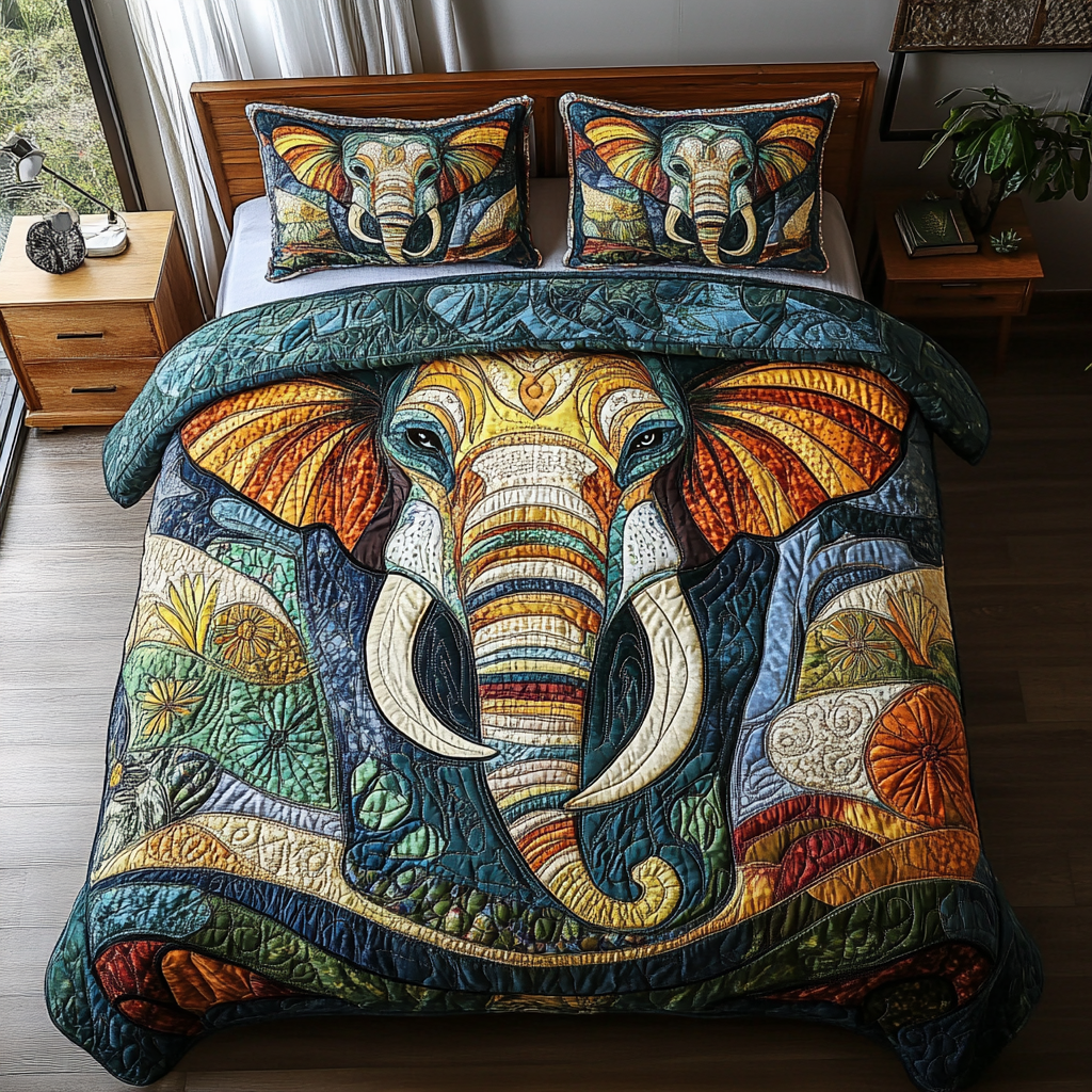 Elephant Odyssey Quilted Bedding Set - Single (59" x 70")