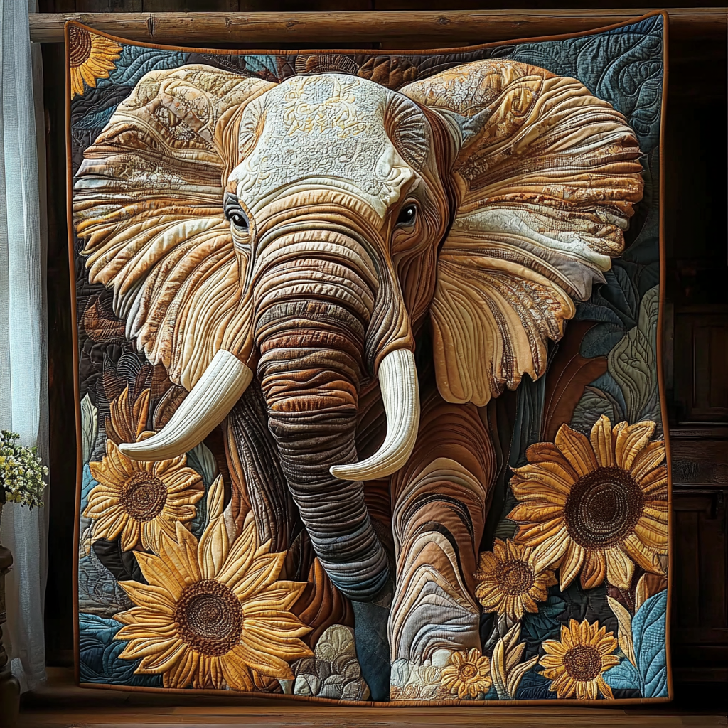 Elephant Sunflower March Quilted Blanket - Throw (55" x 60")
