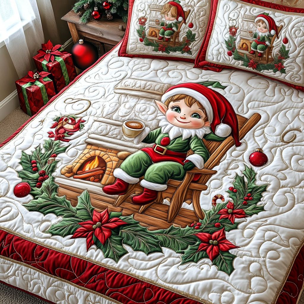 Elf by the Fireplace Quilted Bedding Set - Single (59" x 70")