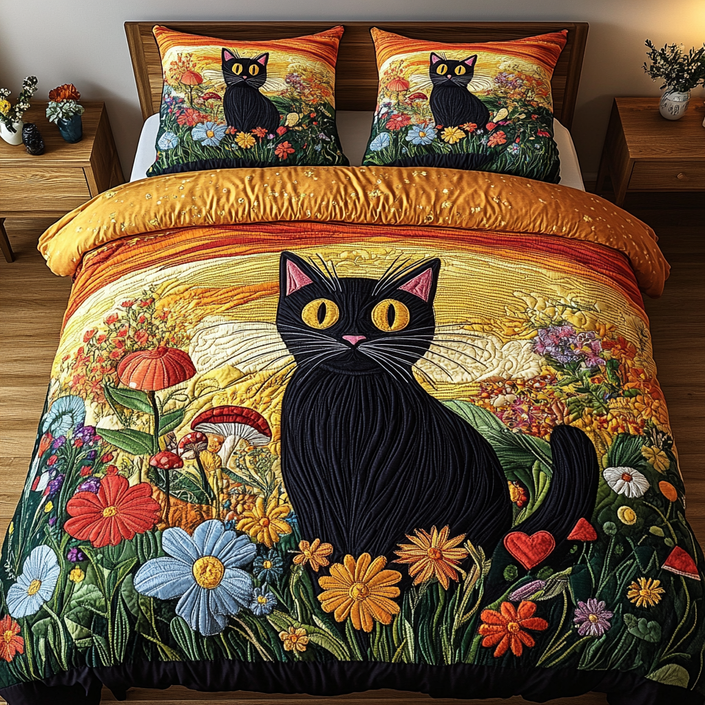 Enchanted Floral Cat 3-Piece Quilted Bedding Set - Single (59" x 70")