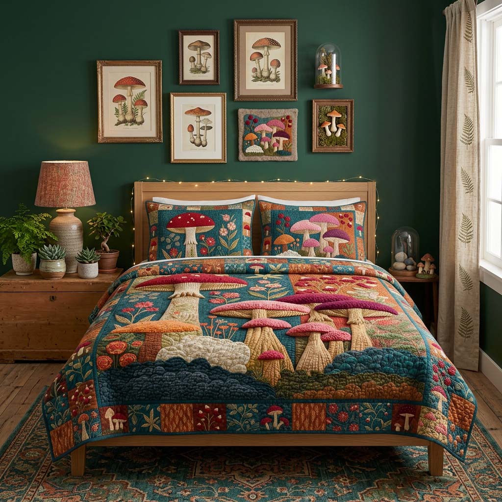 Enchanted Mushroom 3-Piece Quilted Bedding Set - Single (59" x 70")