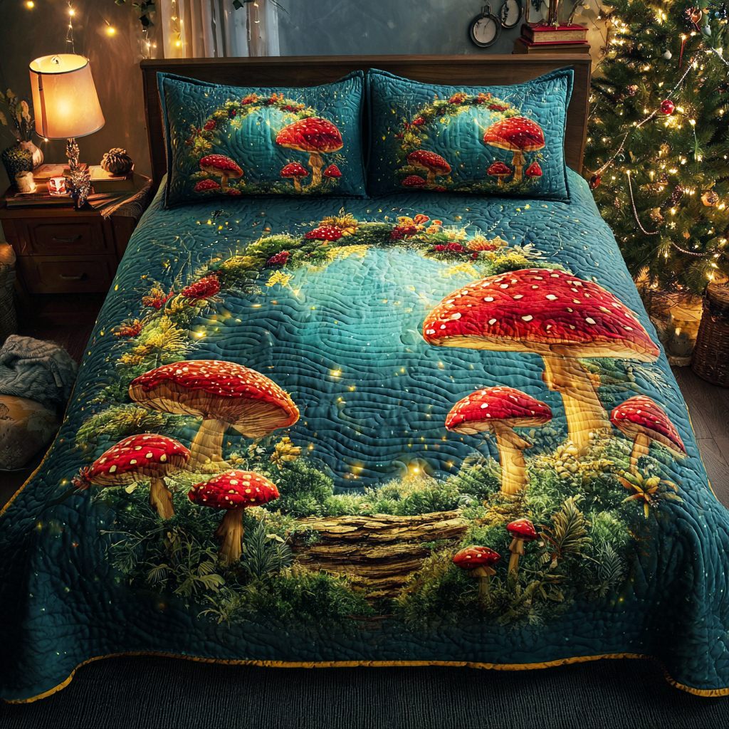 Enchanted Mushroom Circle 3-Piece Quilted Bedding Set - Single (59" x 70")