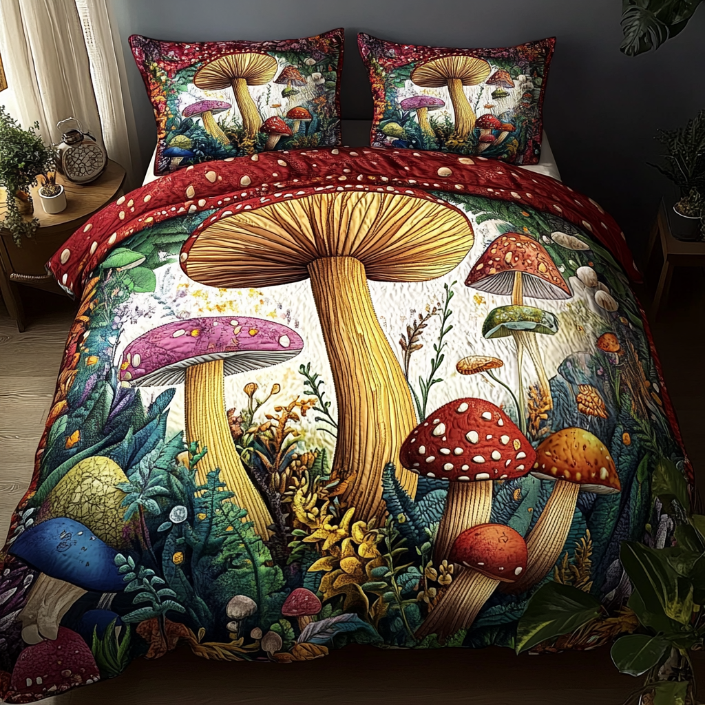 Enchanted Mushrooms 3-Piece Quilted Bedding Set - Single (59" x 70")