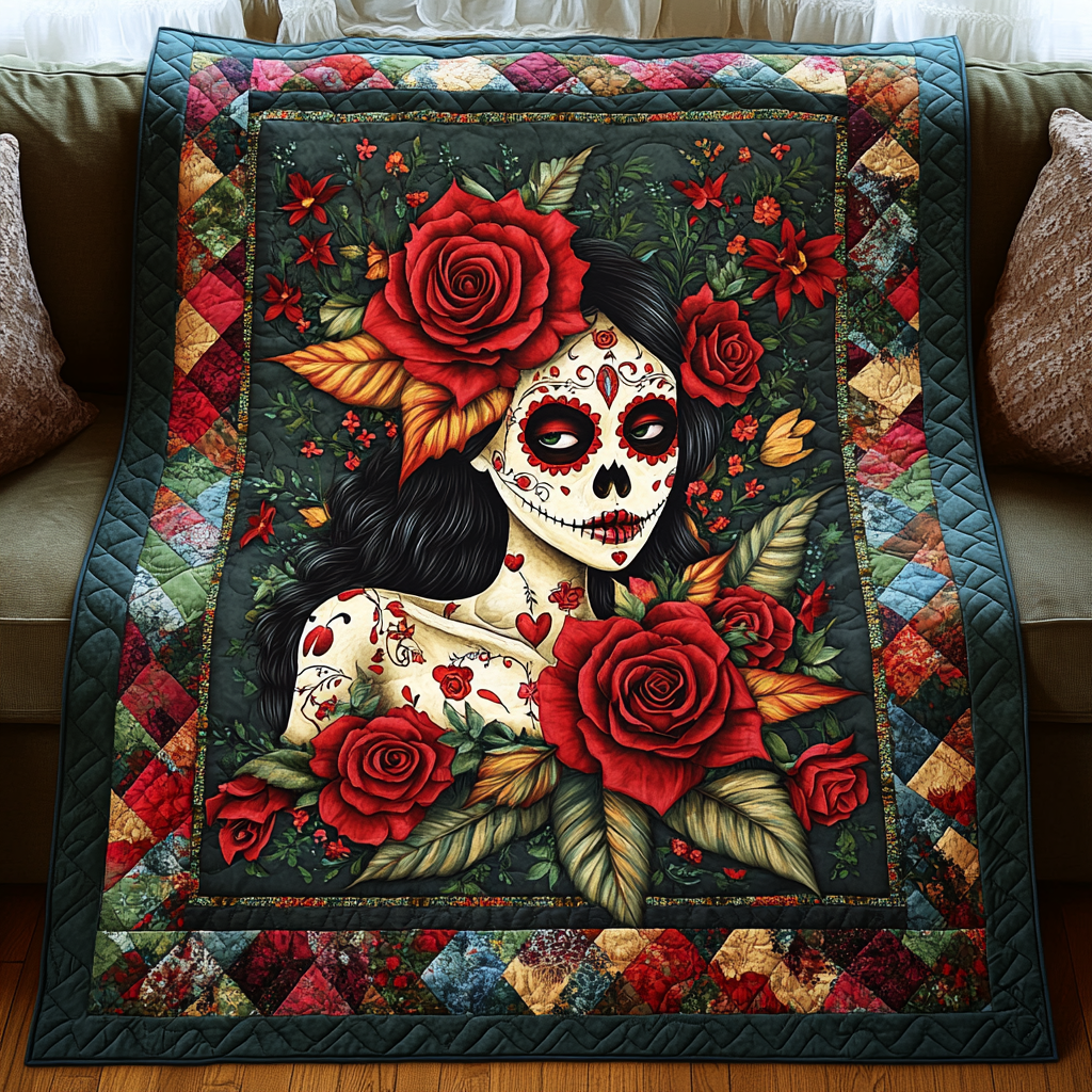 Eternal Bloom Skull Quilted Blanket - Throw (55" x 60")