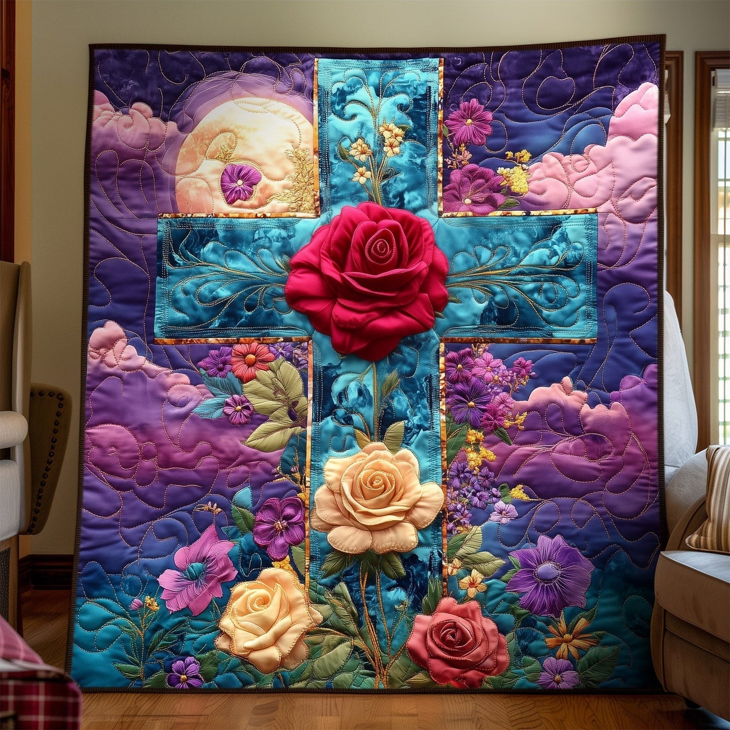 Eternal Blossom Cross Quilted Blanket - Throw (55" x 60")
