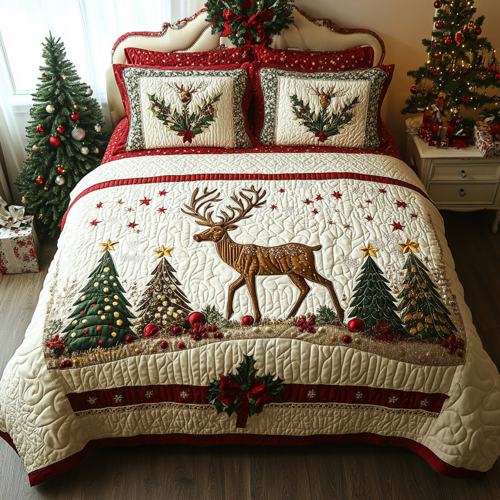 Evergreen Reindeer 3-Piece Quilted Bedding Set - Single (59" x 70")