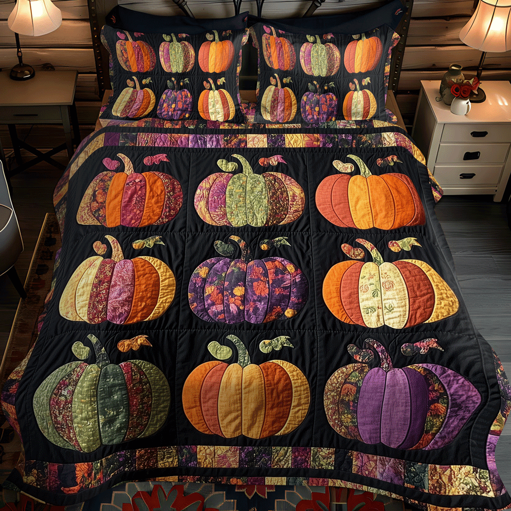 Fall Pumpkin 3-Piece Quilted Bedding Set - Single (59" x 70")