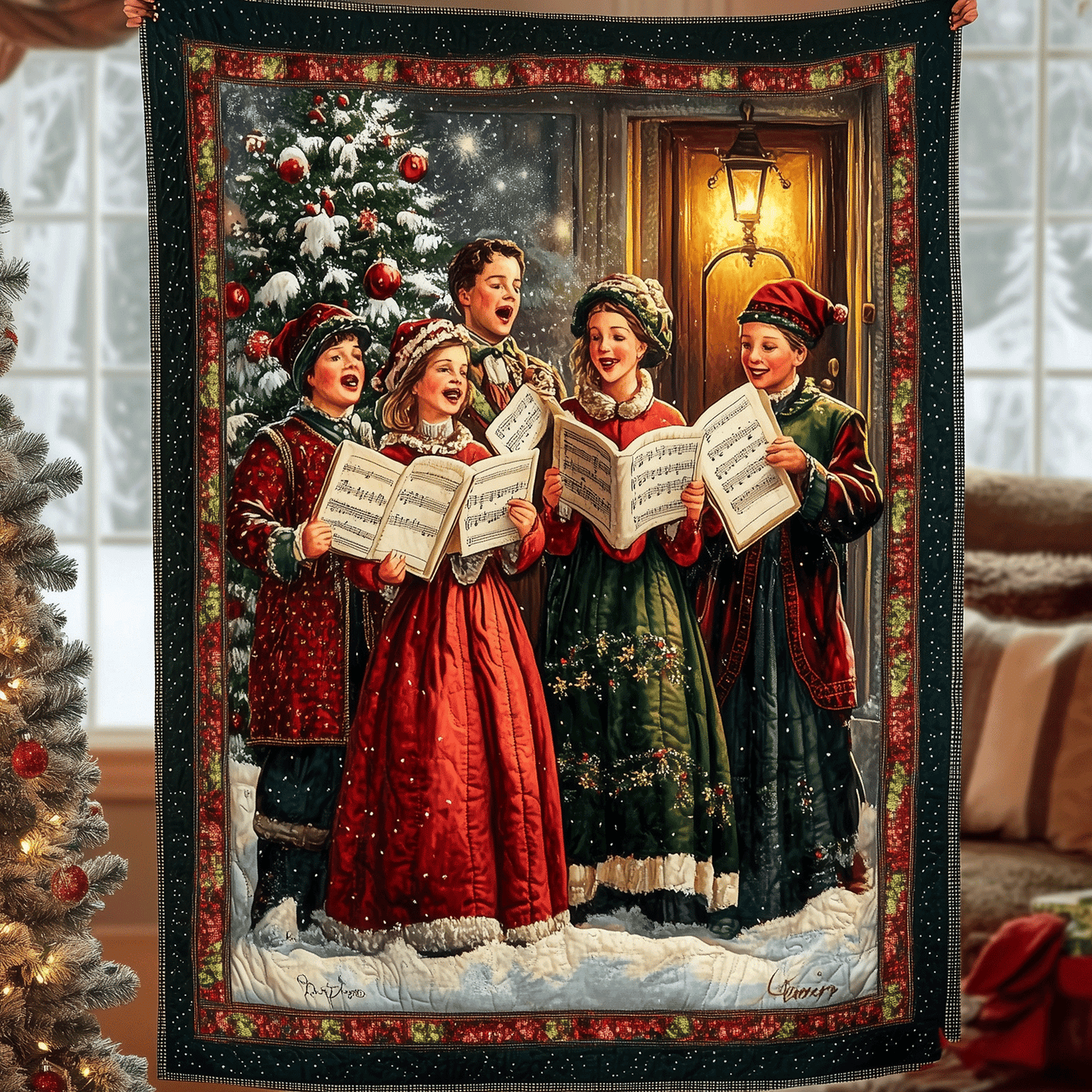 Family Caroling Delight Quilted Blanket - Throw (55" x 60")