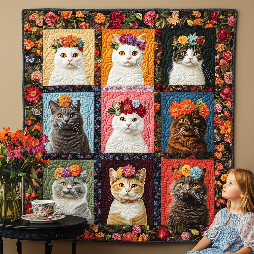 Feline Blossom Beauty Quilted Blanket - Throw (55" x 60")