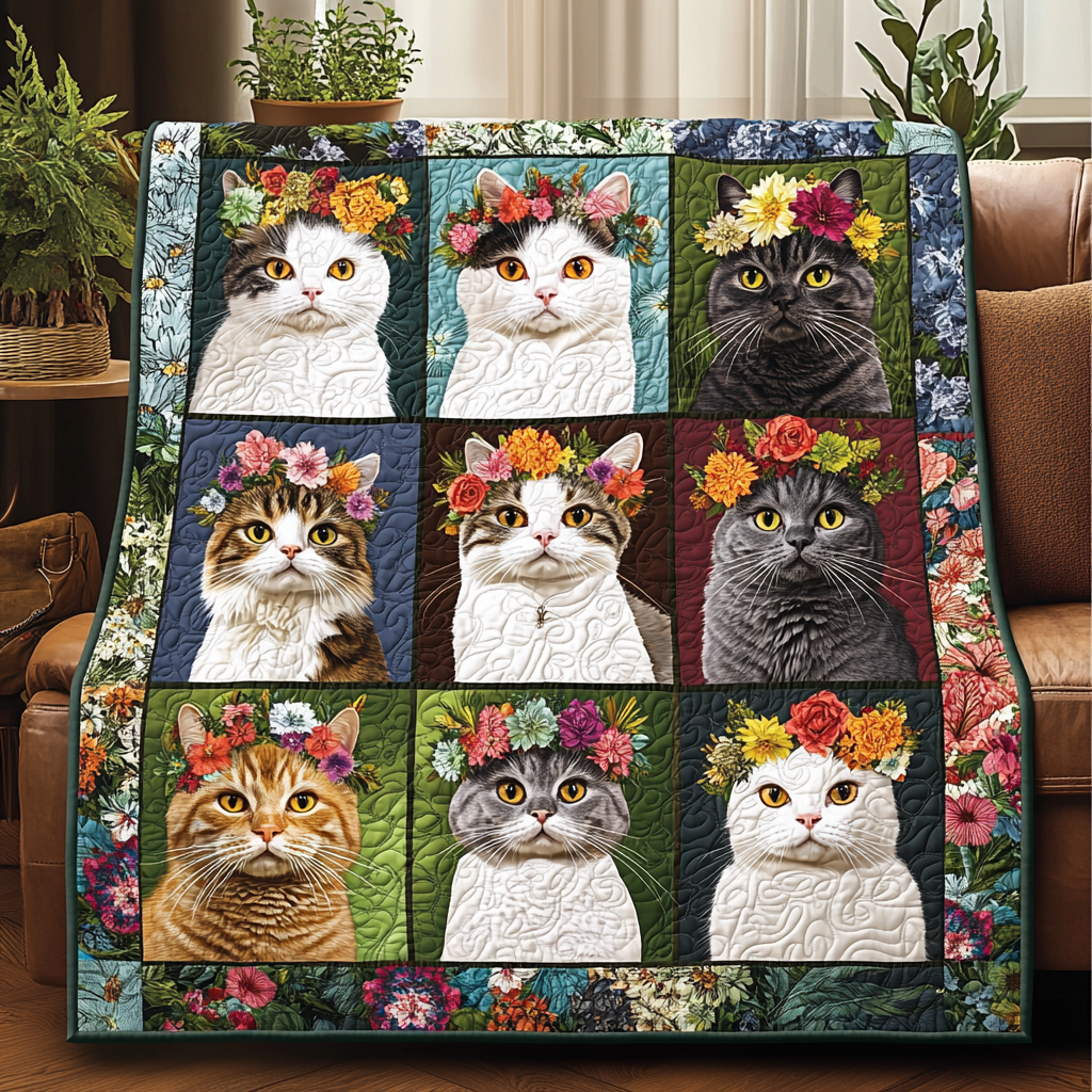 Feline Floral Fantasy Quilted Blanket - Throw (55" x 60")
