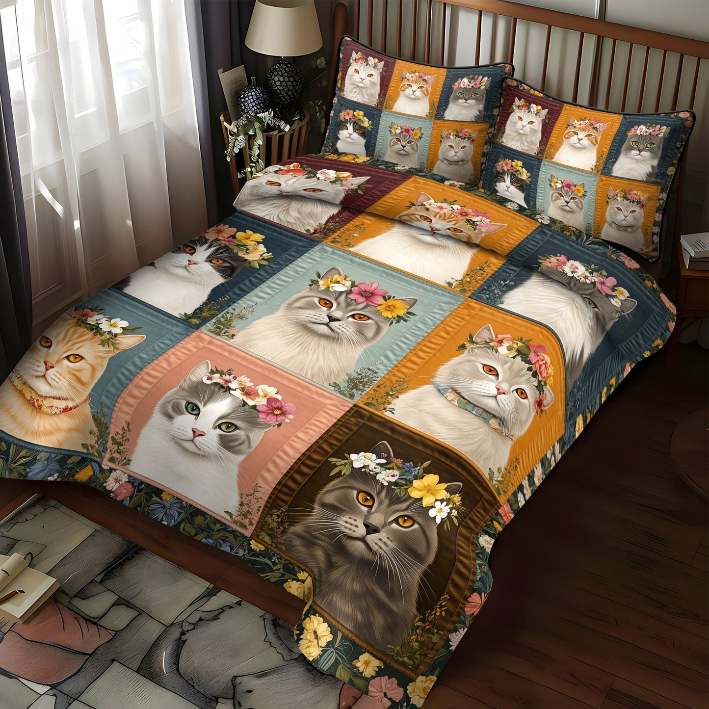 Feline Flower 3-Piece Quilted Bedding Set - Single (59" x 70")