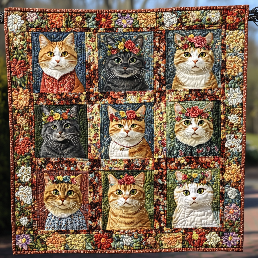 Feline Flower Power Quilted Blanket - Throw (55" x 60")