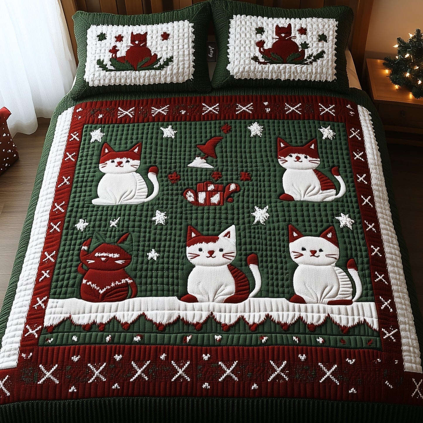 Feline Frost Fest 3-Piece Quilted Bedding Set - Single (59" x 70")