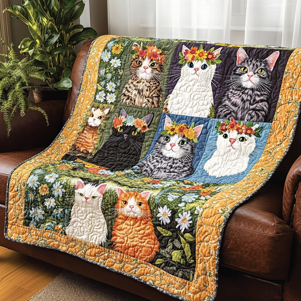Feline Garden Quilted Blanket - Throw (55" x 60")