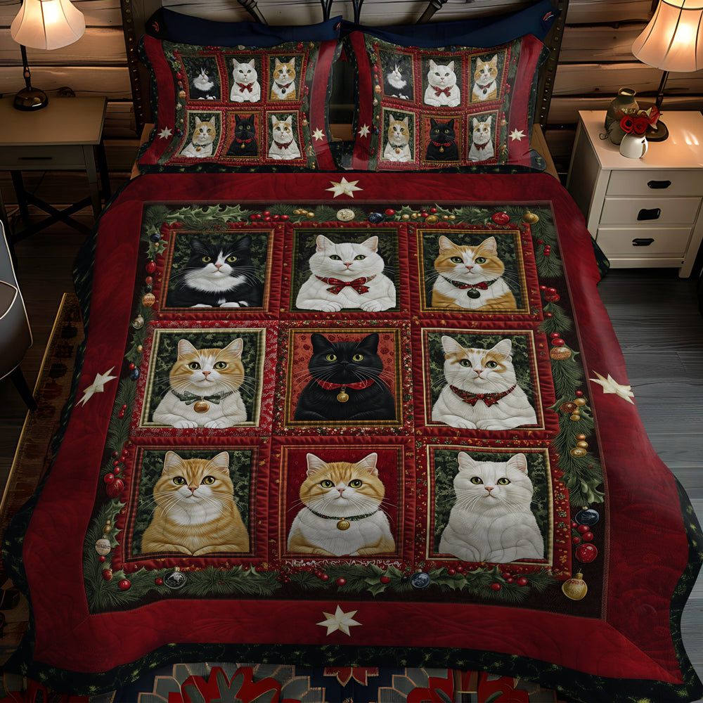 Feline Holiday Spirit 3-Piece Quilted Bedding Set - Single (59" x 70")