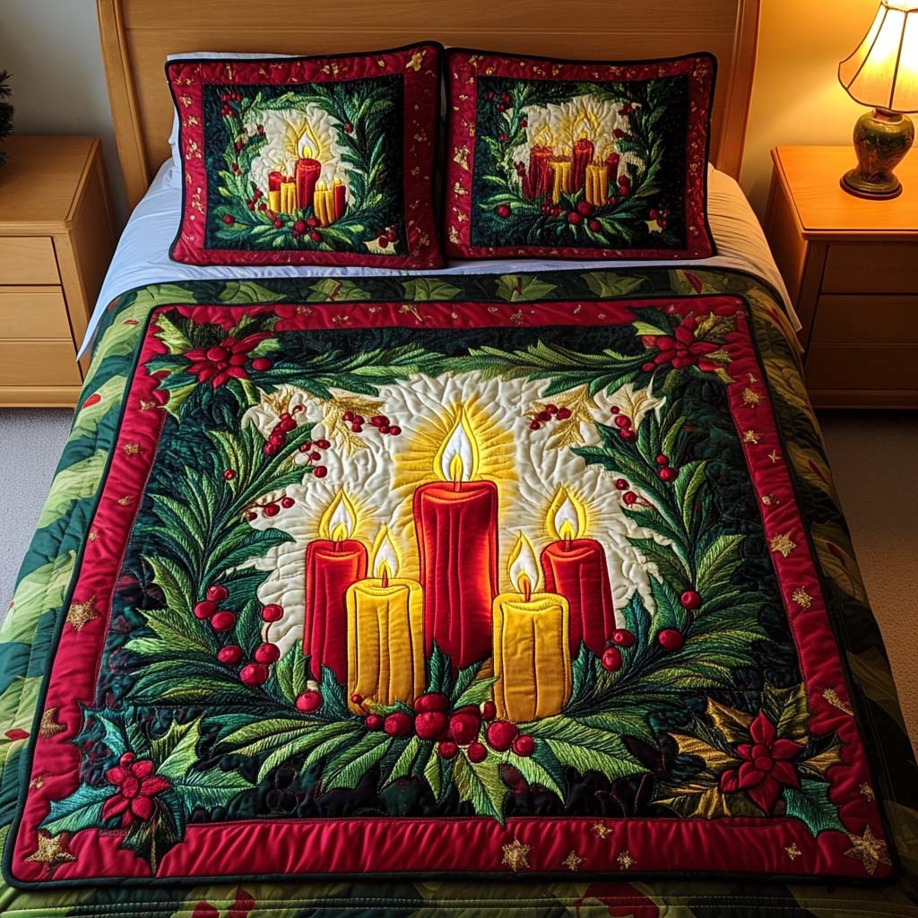 Festive Candles 3-Piece Quilted Bedding Set - Single (59" x 70")