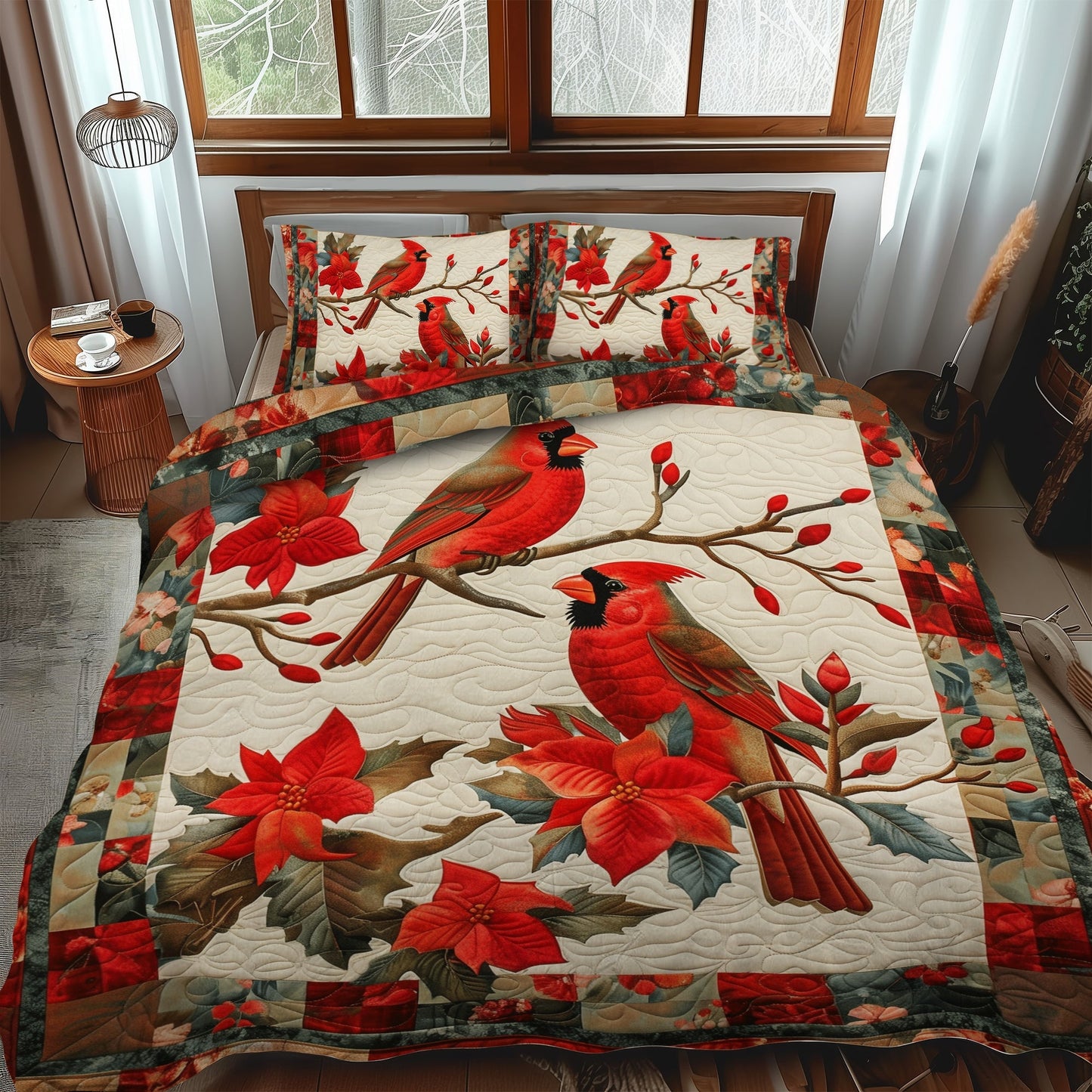 Festive Cardinal 3-Piece Quilted Bedding Set - Single (59" x 70")
