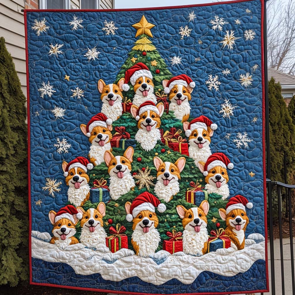Festive Corgi Gathering Quilted Blanket - Throw (55" x 60")