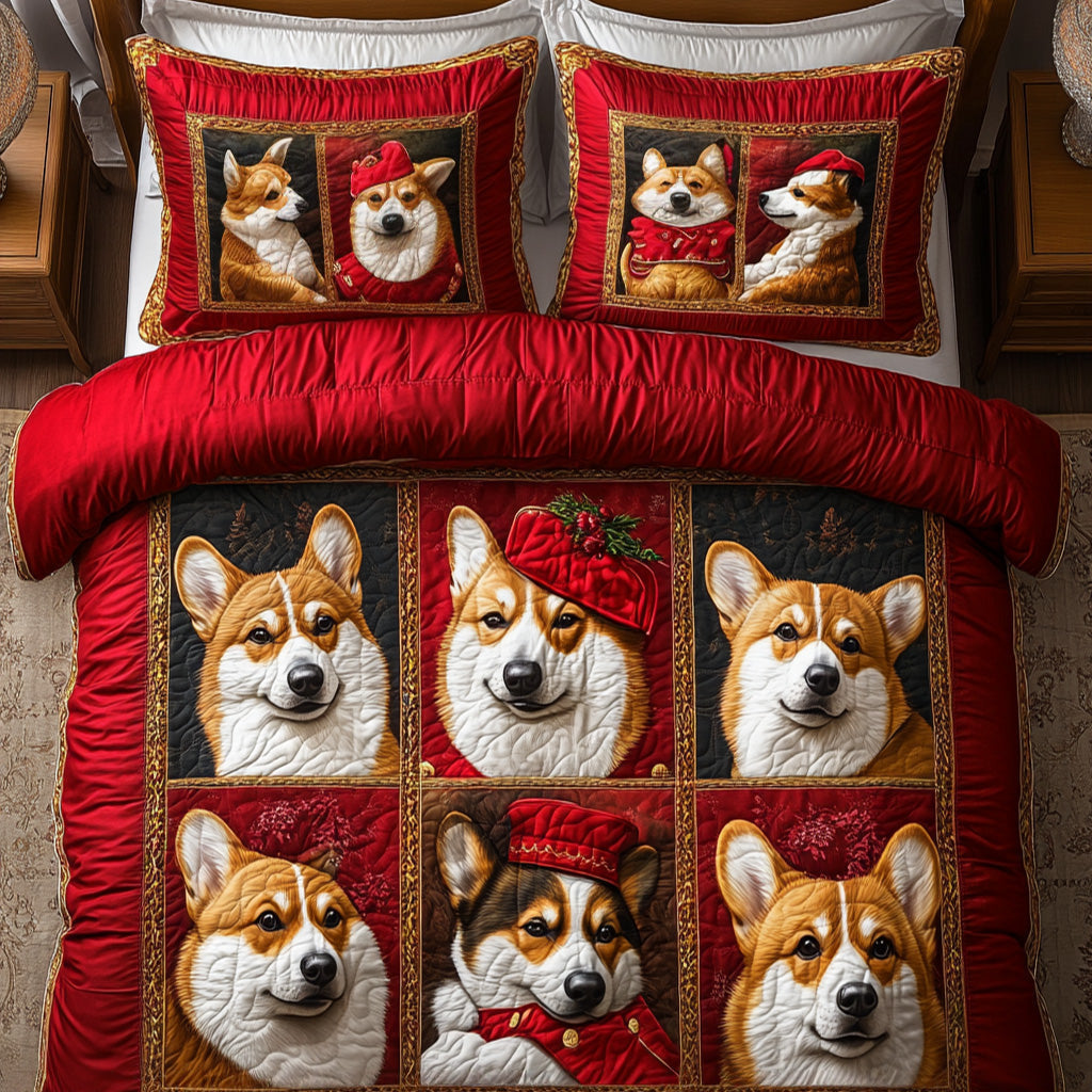Festive Corgi Slumber 3-Piece Quilted Bedding Set - Single (59" x 70")