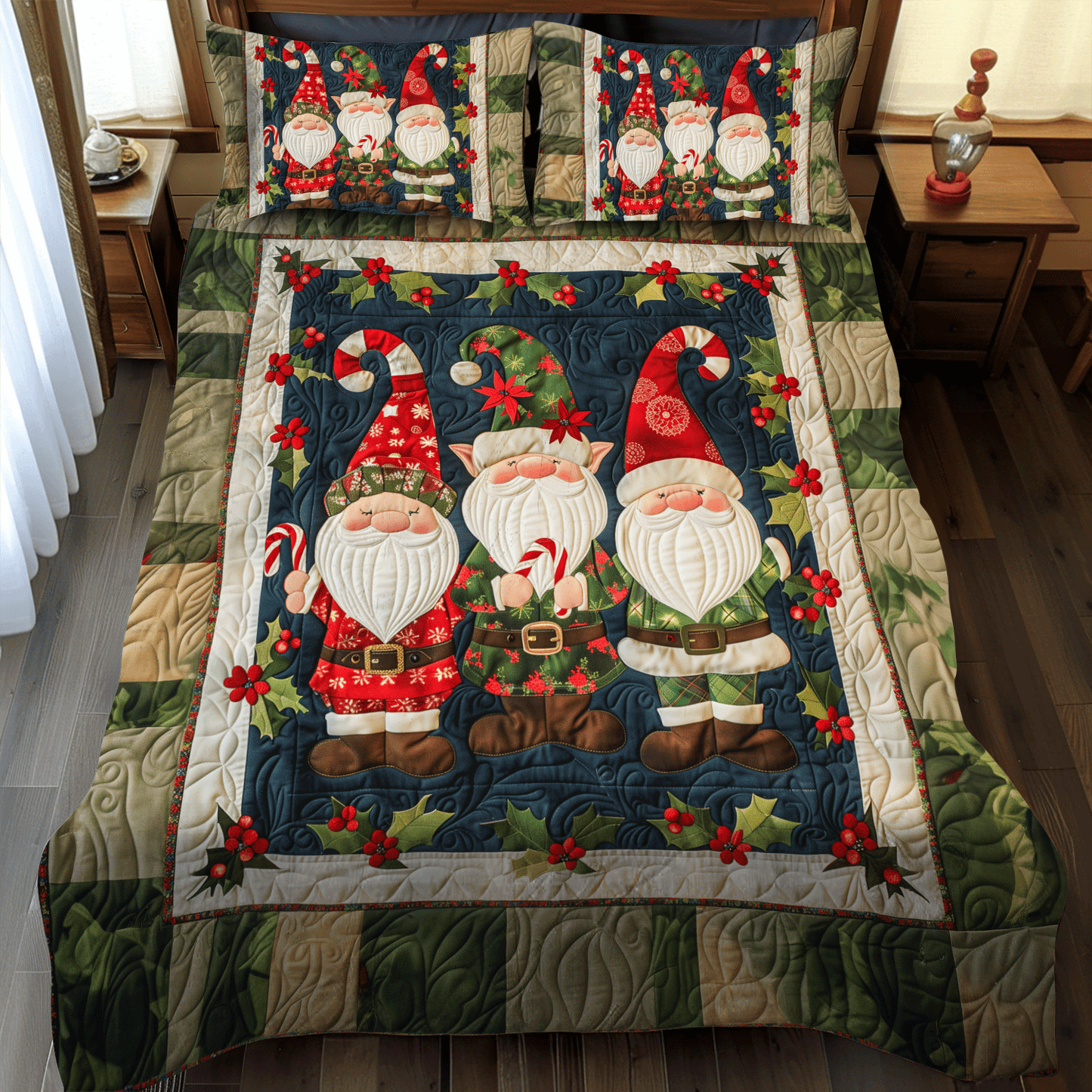 Festive Gnome 3-Piece Quilted Bedding Set - Single (59" x 70")