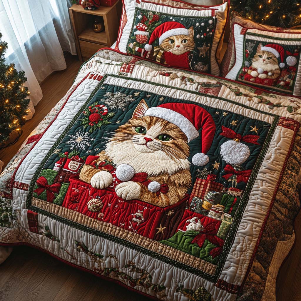 Festive Santa Cat 3-Piece Quilted Bedding Set - Single (59" x 70")