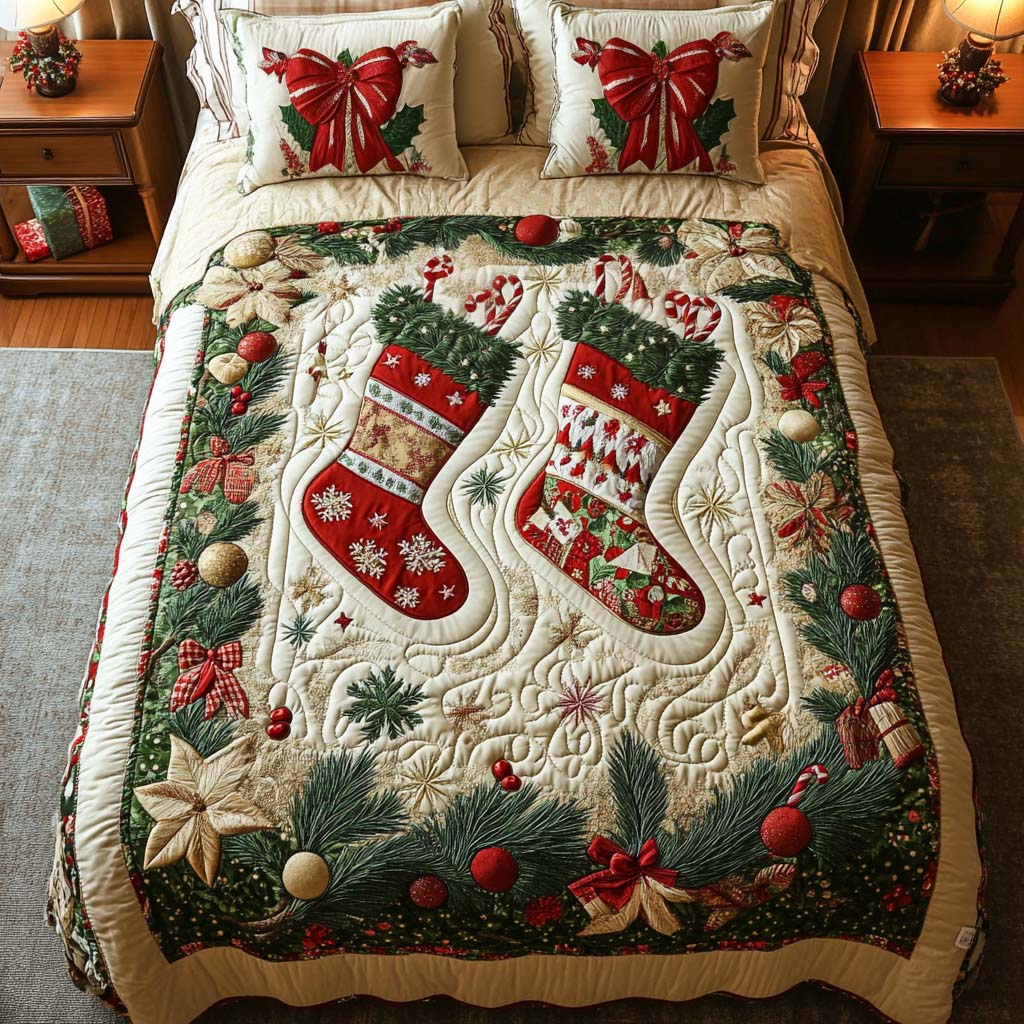 Festive Stockings 3-Piece Quilted Bedding Set - Single (59" x 70")