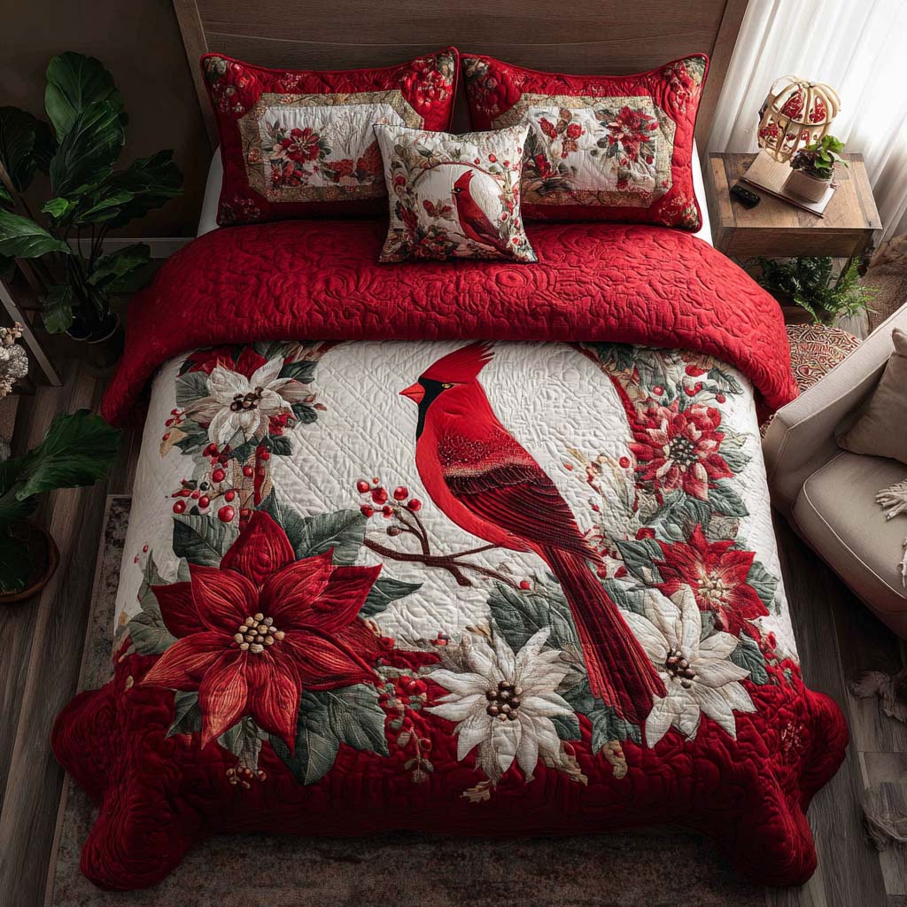 Festive Cardinal 3-Piece Quilted bedding Set - Single (59" x 70")
