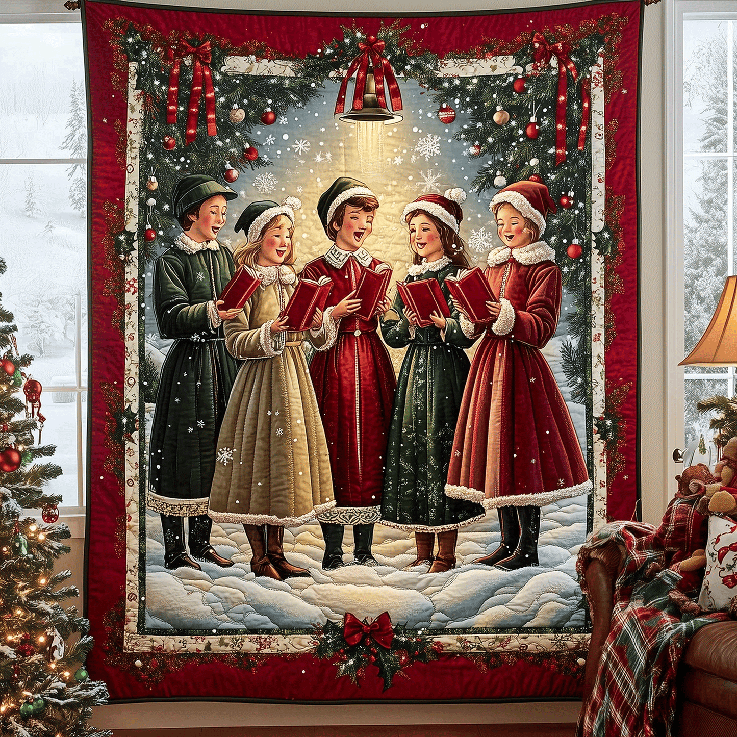 Festive Carolers Gathering Quilted Blanket - Throw (55" x 60")
