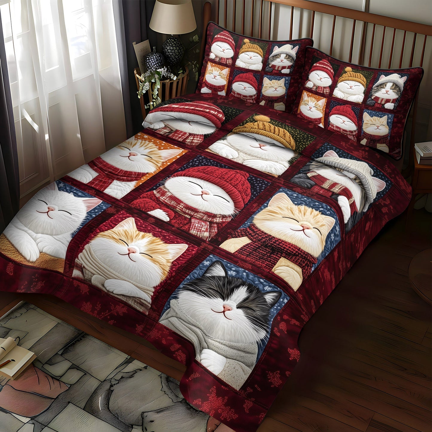 Festive Feline Cheer 3-Piece Quilted Bedding Set - Single (59" x 70")