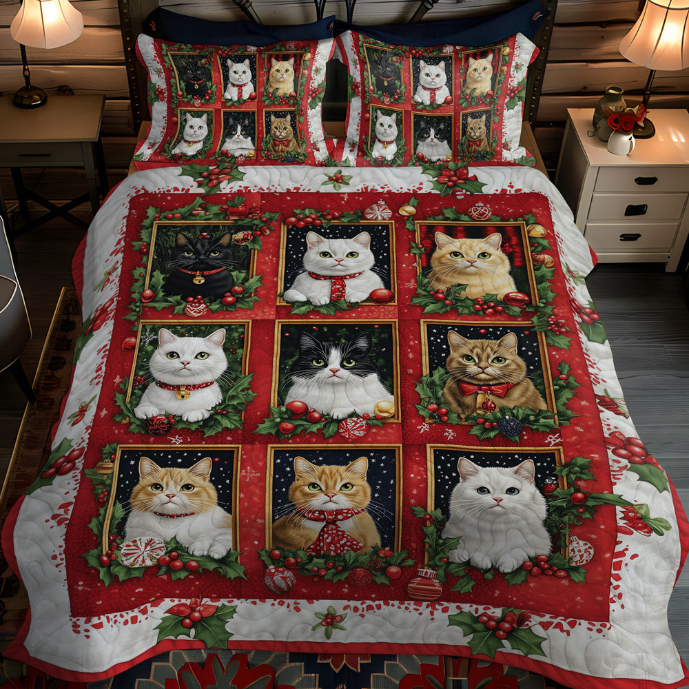 Festive Feline Cheer 3-Piece Quilted Bedding Set - Single (59" x 70")