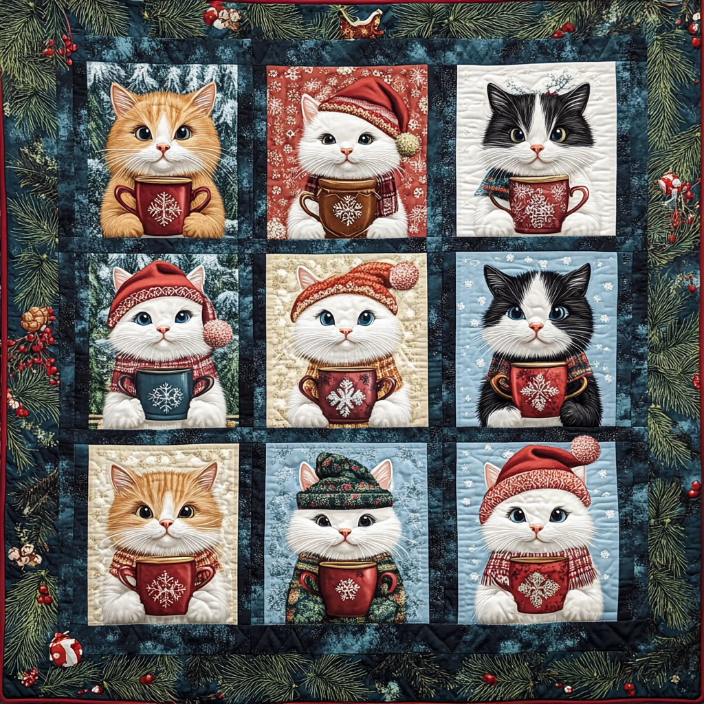 Festive Feline Cheer Quilted Blanket - Throw (55" x 60")