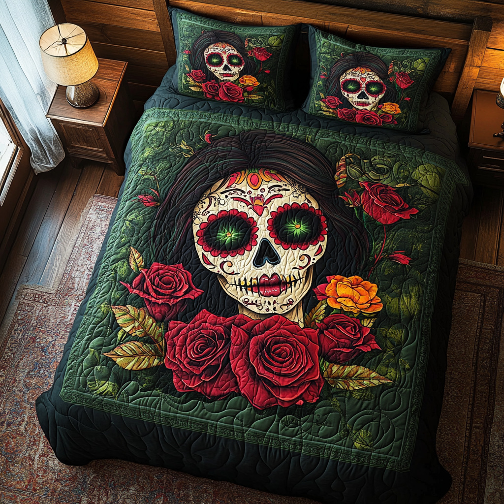 Festive Floral Skull 3-Piece Quilted Bedding Set - Single (59" x 70")