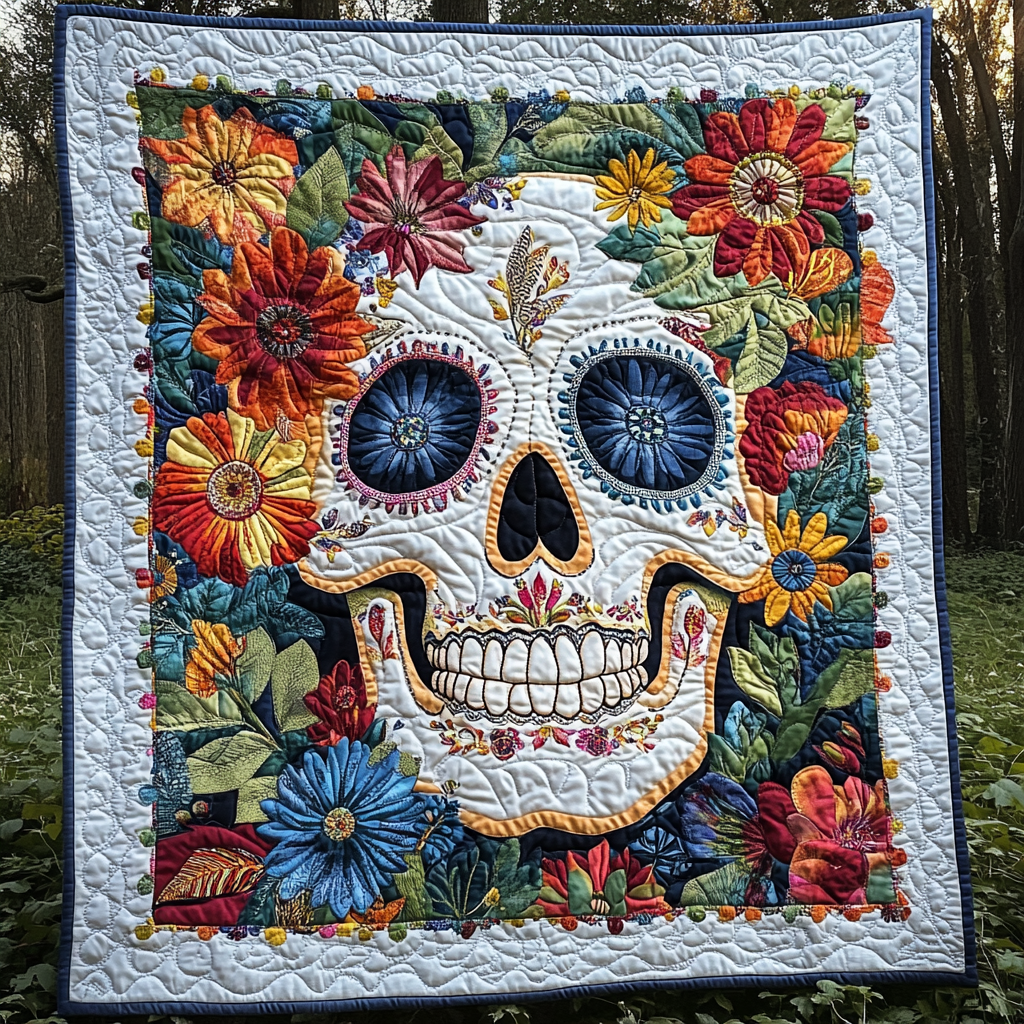 Festive Floral Skull Quilted Blanket - Throw (55" x 60")