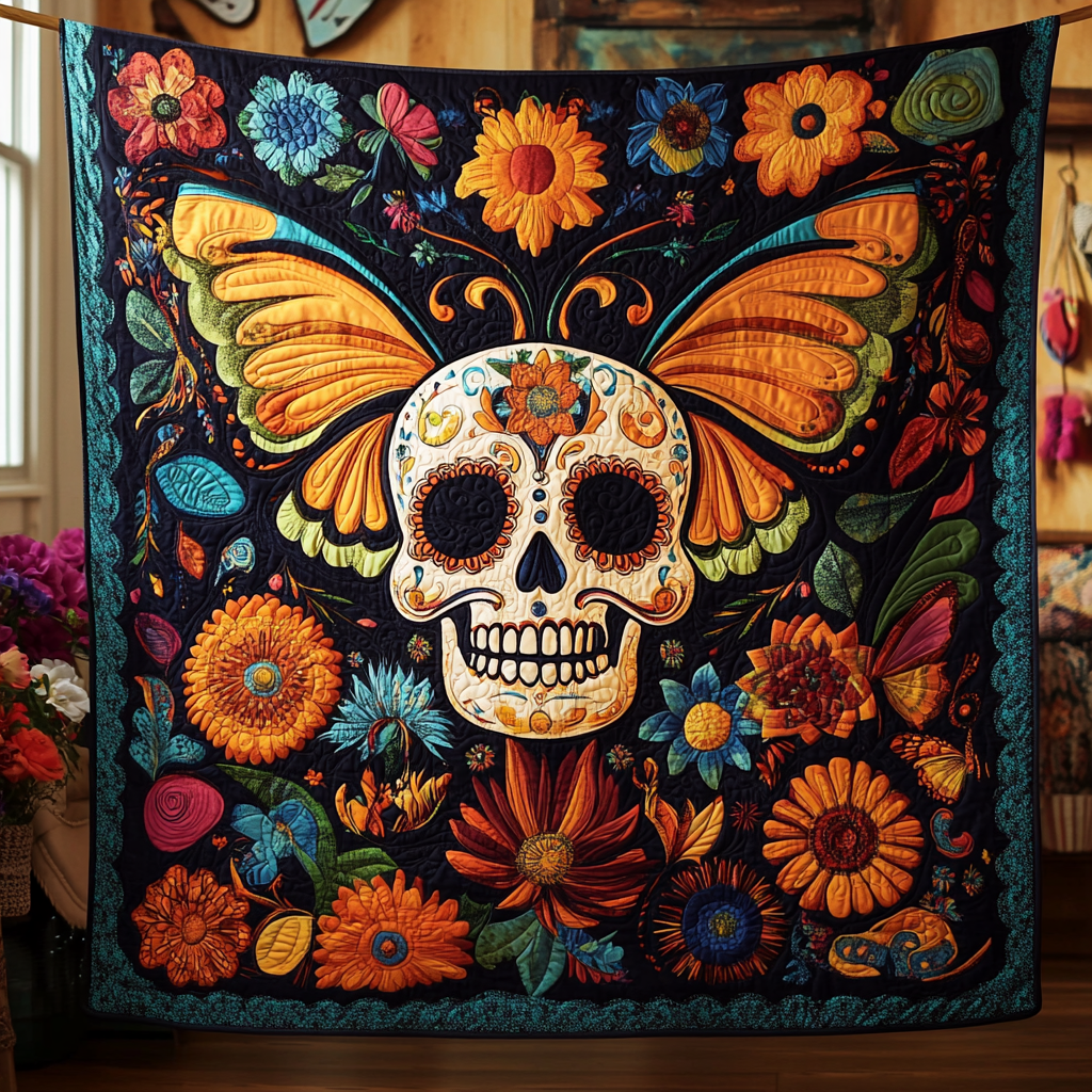 Festive Floral Sugar Skull Quilted Blanket - Throw (55" x 60")