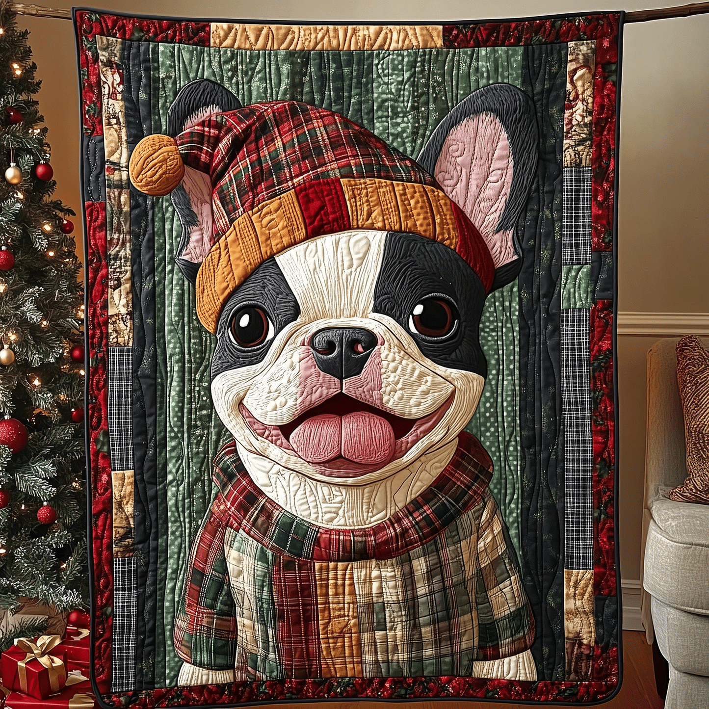 Festive Frenchie Joy Quilted Blanket - Throw (55" x 60")
