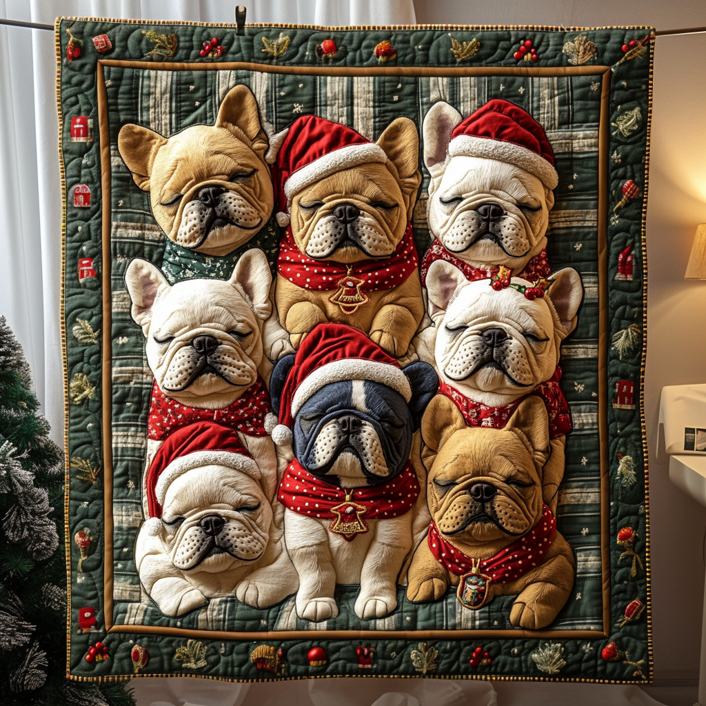 Festive Frenchie Sleepy Quilted Blanket - Throw (55" x 60")
