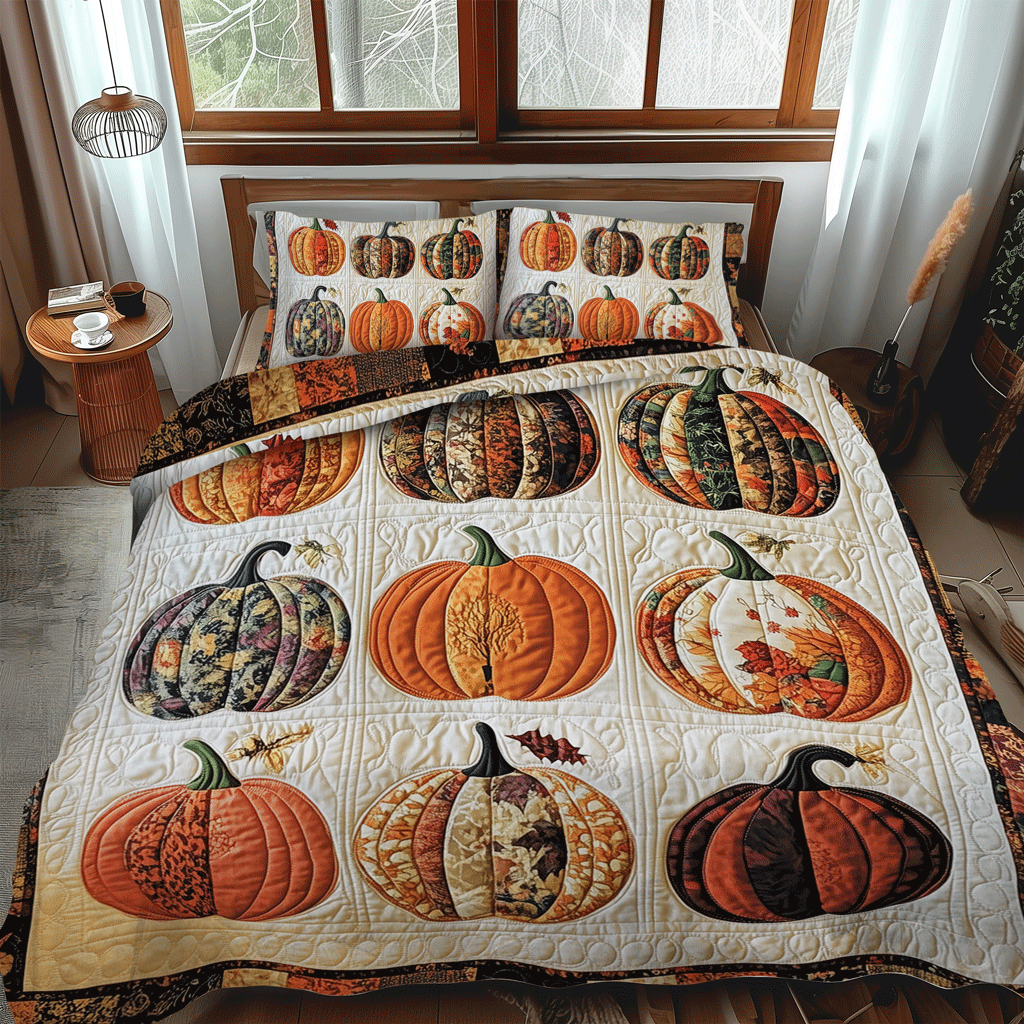 Festive Pumpkin 3-Piece Quilted Bedding Set - Single (59" x 70")