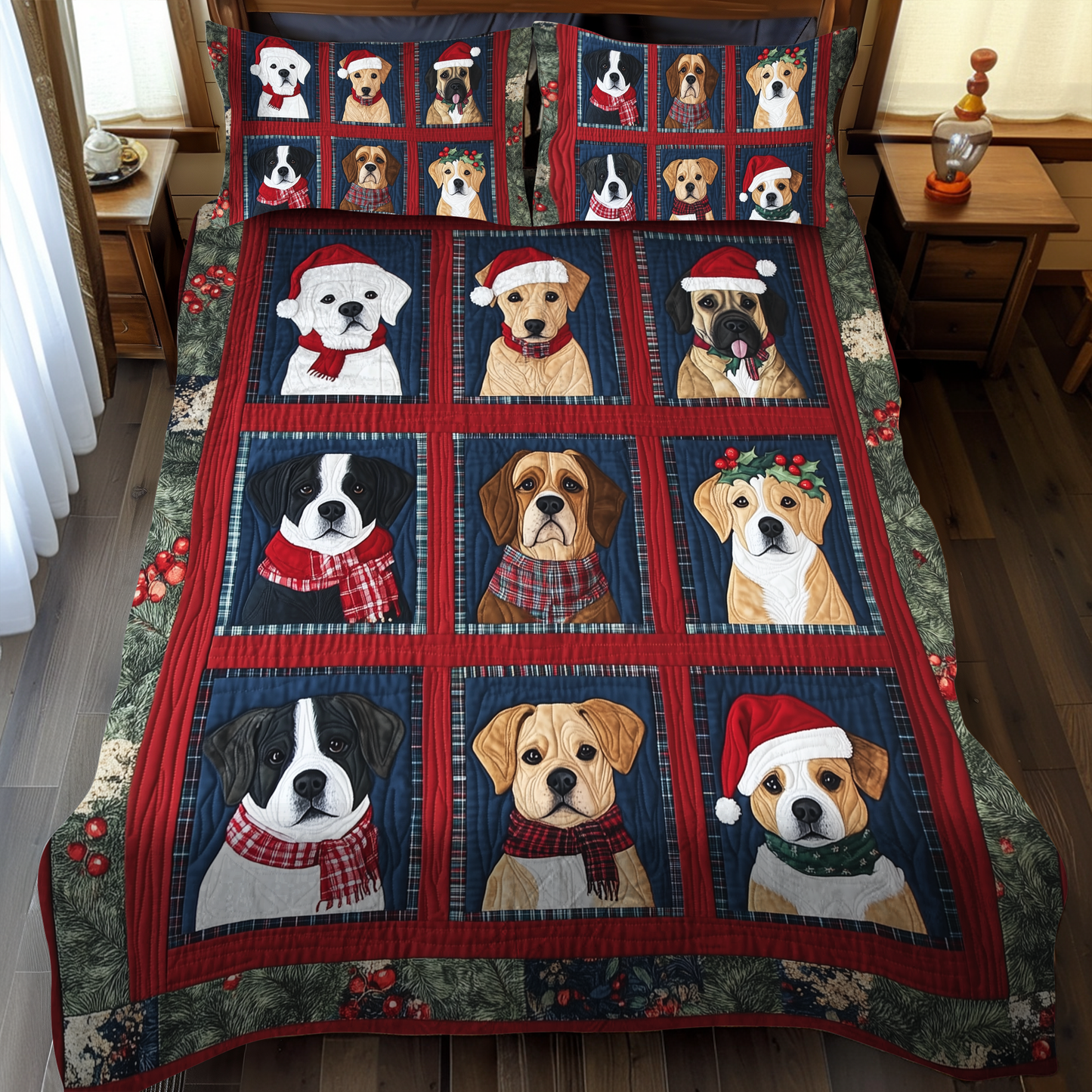 Festive Puppy Fun 3-Piece Quilted Bedding Set - Single (59" x 70")