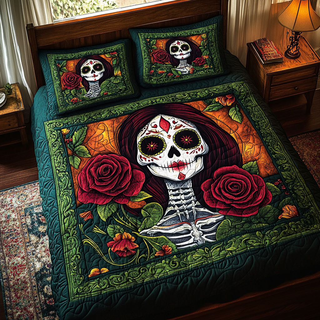 Festive Skull 3-Piece Quilted Bedding Set - Single (59" x 70")