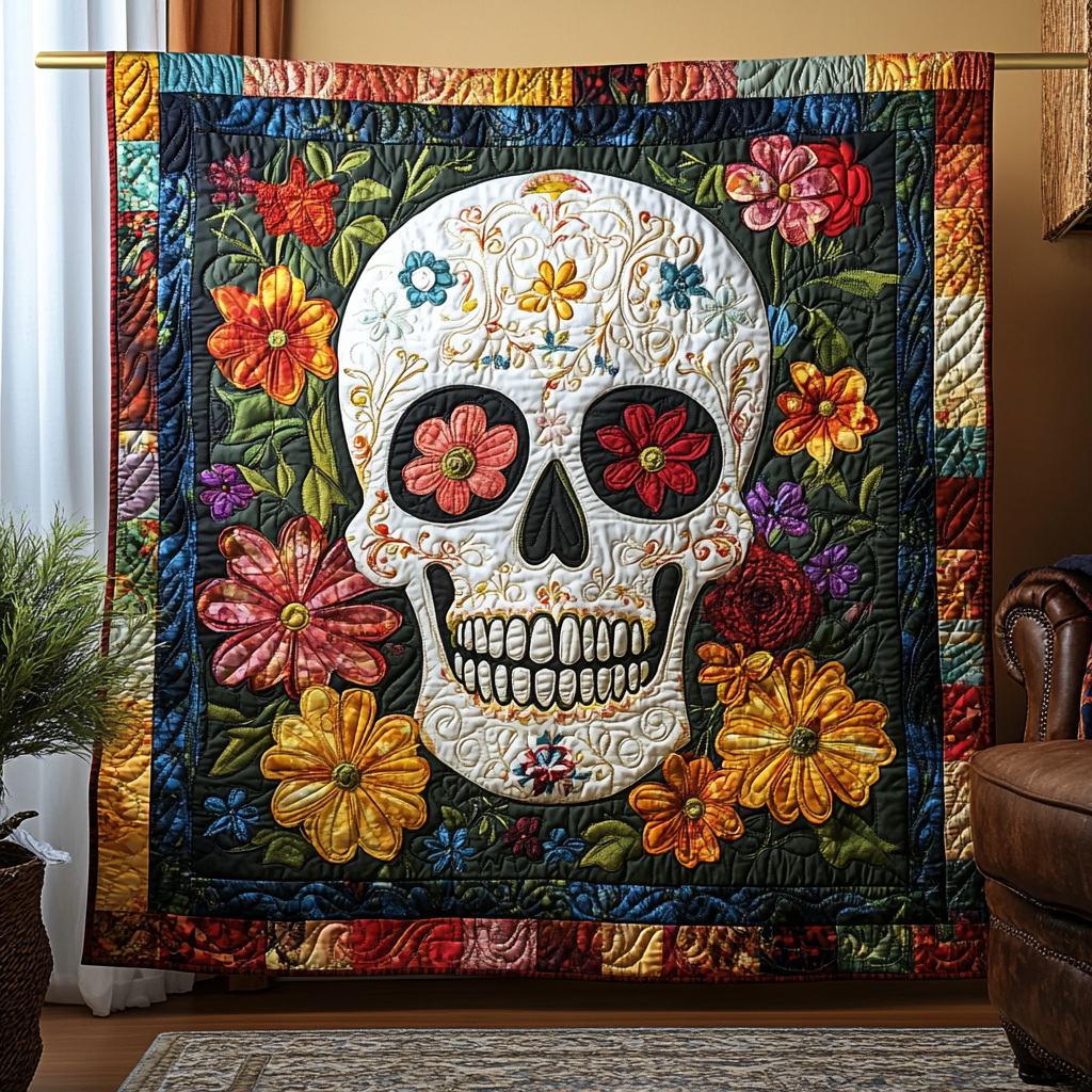 Festive Skull Flowers Quilted Blanket - Throw (55" x 60")