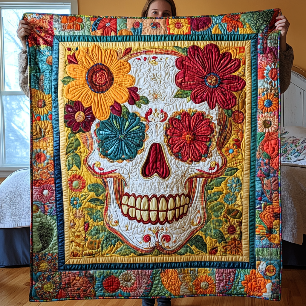 Festive Skull Flowers Quilted Blanket - Throw (55" x 60")