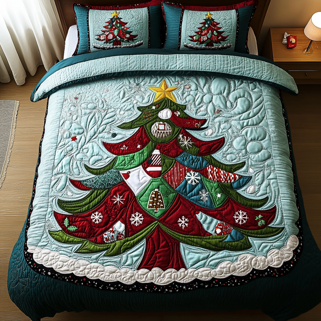 Festive Tree Quilt 3-Piece Quilted Bedding Set - Single (59" x 70")