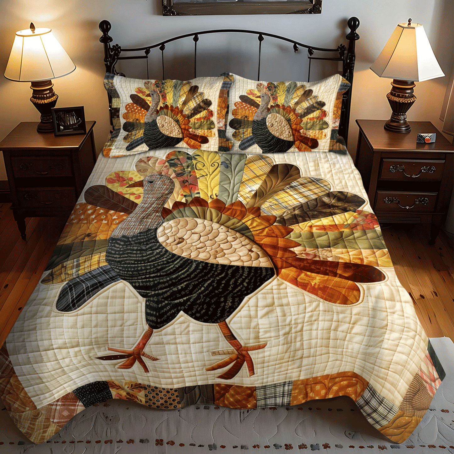Festive Turkey 3-Piece Quilted Bedding Set - Single (59" x 70")