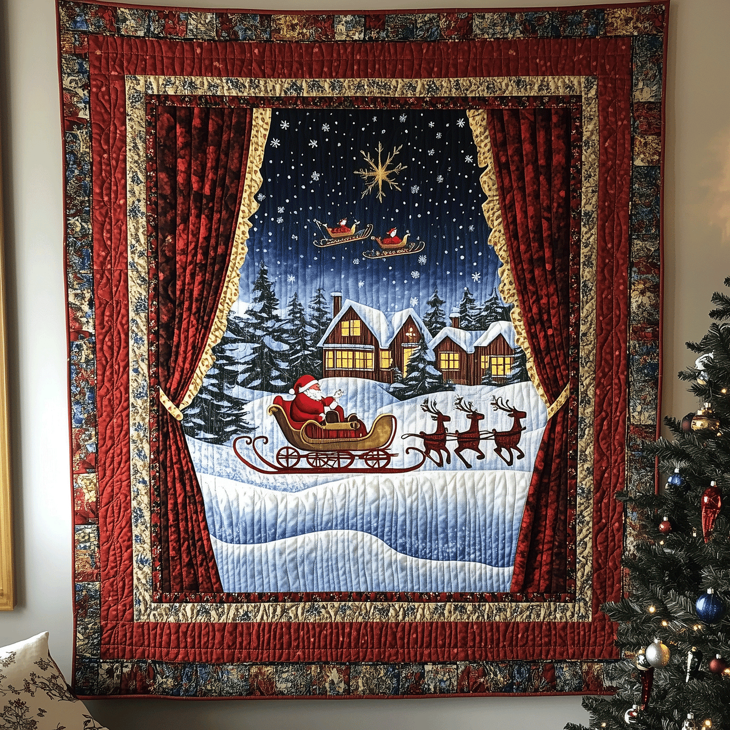 Festive Winter Village Quilted Blanket - Throw (55" x 60")