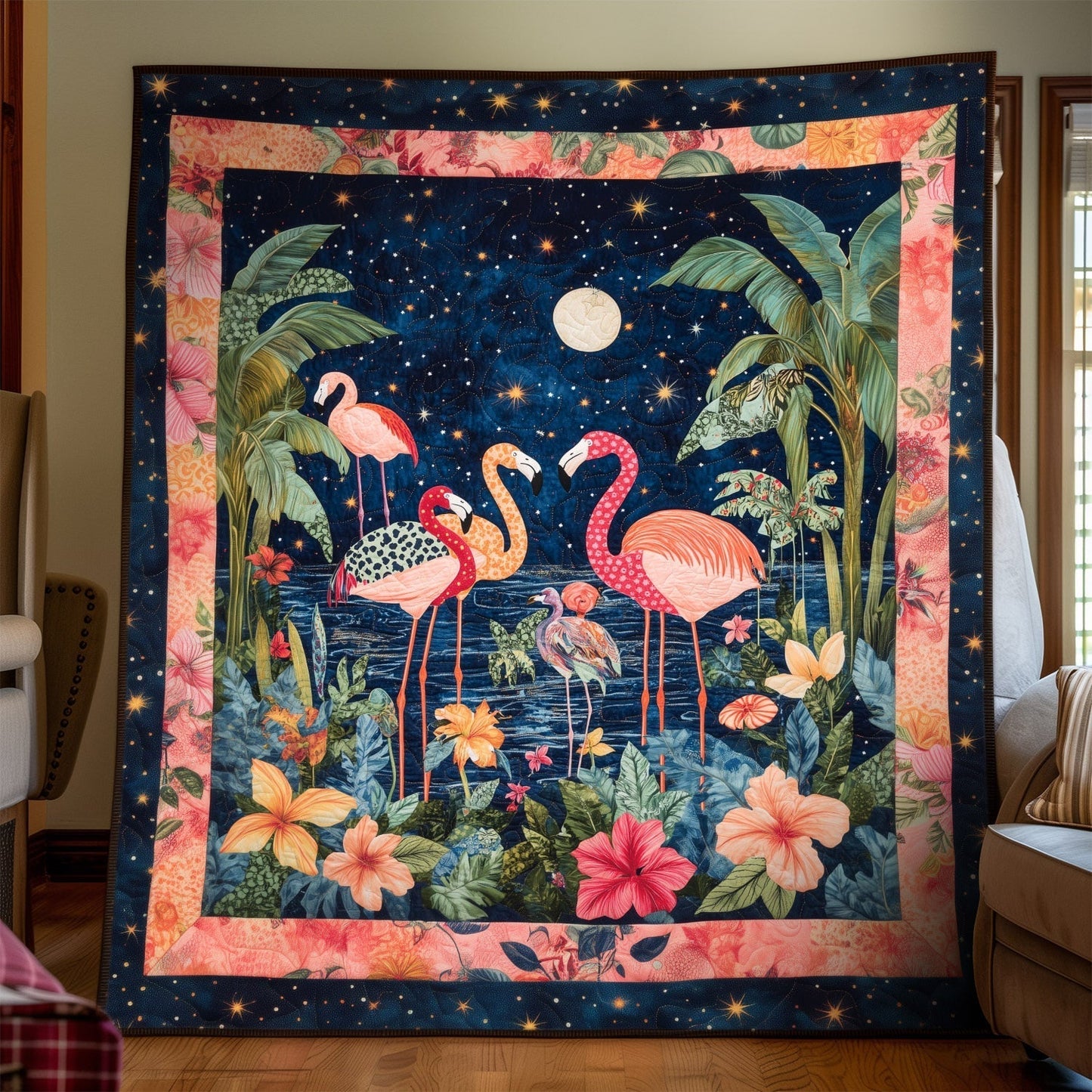 Flamingo Night Quilted Blanket - Throw (55" x 60")