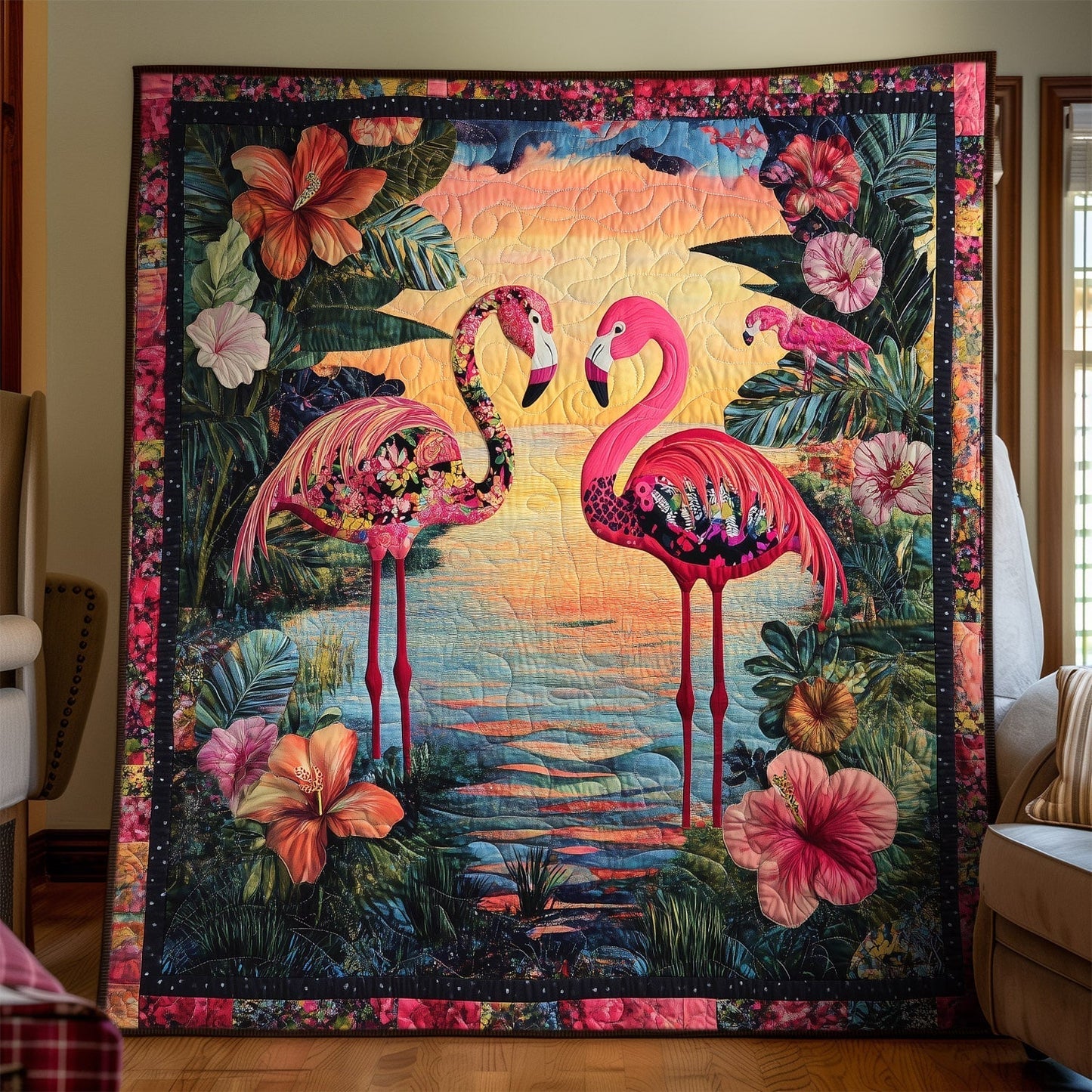Flamingo Romance Quilted Blanket - Throw (55" x 60")