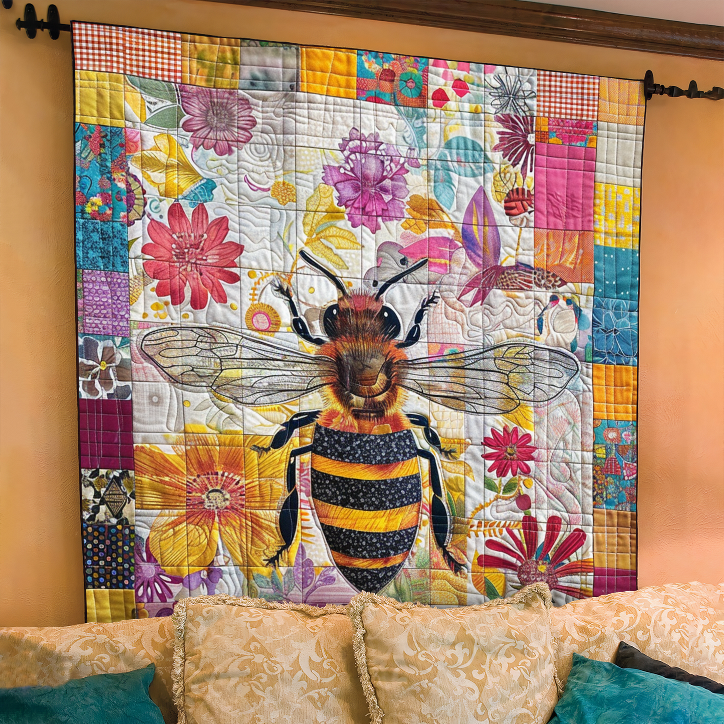 Floral Bee Quilted Blanket - Throw (55" x 60")
